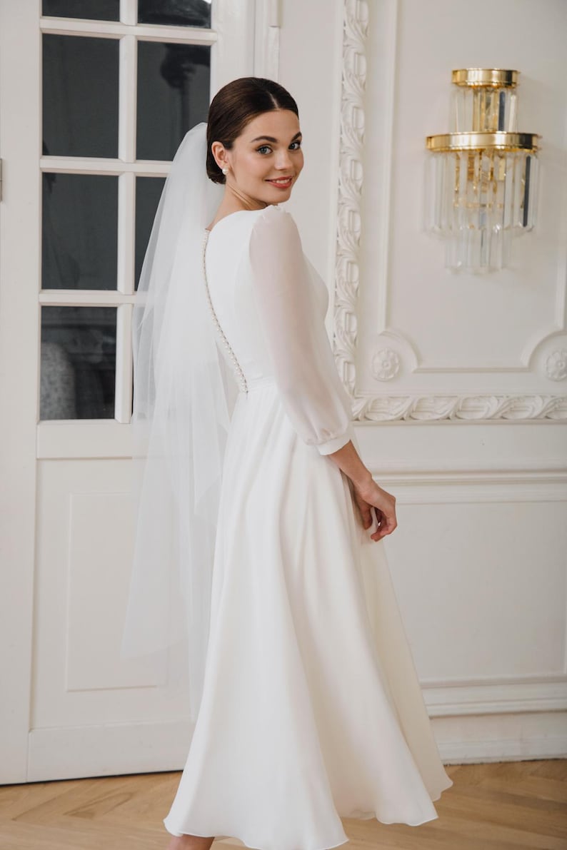 Short Wedding Dress With Sleeves, Tea Length Wedding Dress With Vneck