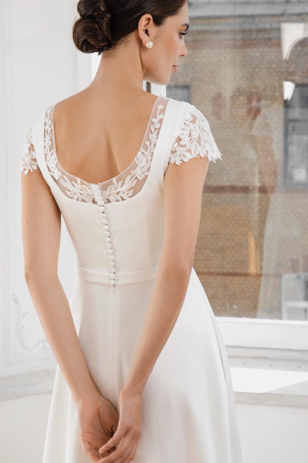 Elegant A-line Wedding Dress With Cap Sleeves, Lace Back  Satin Bridal Gown  With Boat Neckline for Classic and Timeless Bridal Look | Amber - Etsy