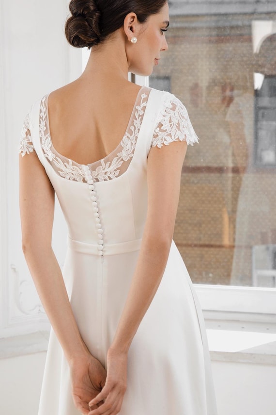 Cap Sleeves Lace Fancy Wedding Dresses, Two Pieces A-line Satin Wedding Dresses Cap Sleeves Lace Fancy Wedding Dresses, Two Pieces A-line Satin Wedding Dresses