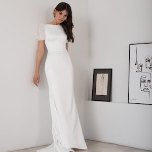 Modest Bridal Dress with Puff Sleeves, Satin Skirt and Button Detail Back - Mirella