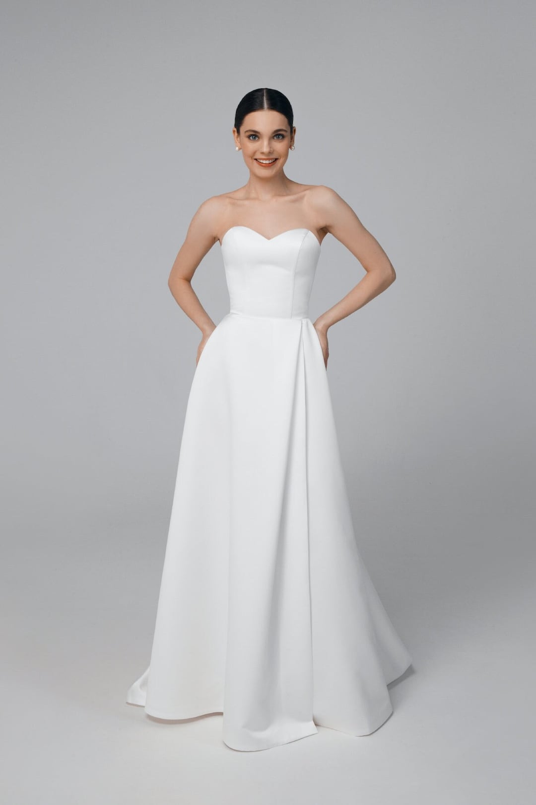 Satin off the Shoulder Wedding Dress, A-line Corset Wedding Dress With  Detachable Floral Tulle Sleeves Loretta 