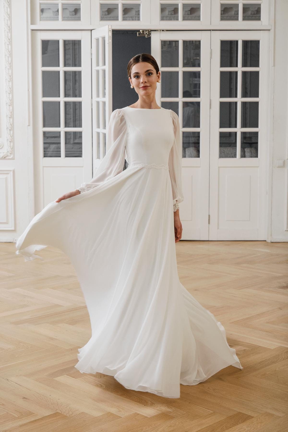 Modest Wedding Dress Gabriella  - Long Sleeve High Neck Chiffon Bridal Gown