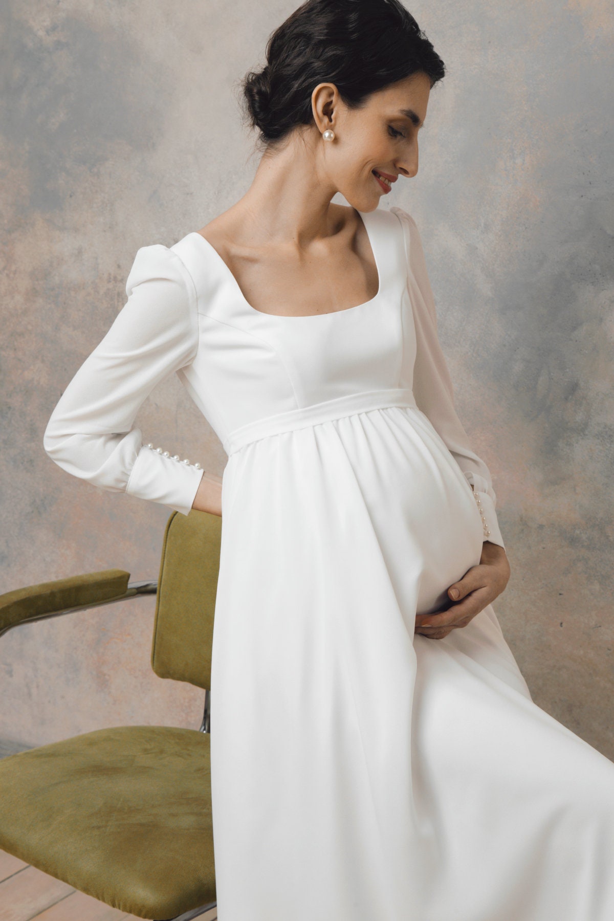 long sleeve maternity dress for wedding Missacc Ivory Bride A-Line Scoop Neck Long Sleeves Floor-Length Satin/Tulle Maternity Wedding Dresses With Lace