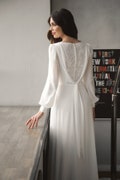 Modest wedding dress with sleeves – chiffon A-line gown with lace back and buttons – square neck bridal dress – Caitlin product logo