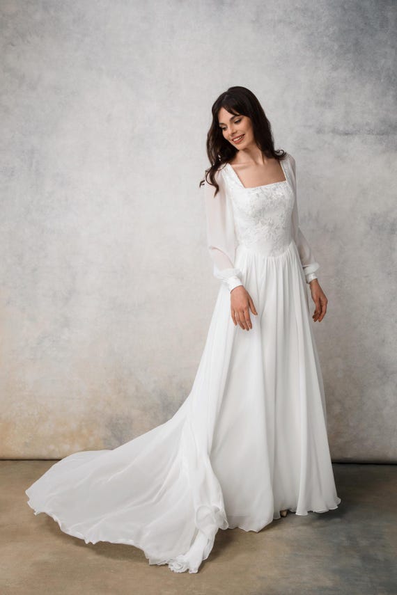 square neck formal dress with sleeves Dusty Blue Square Neck A-line Classic Formal Dress with Short Puffy Sleeves