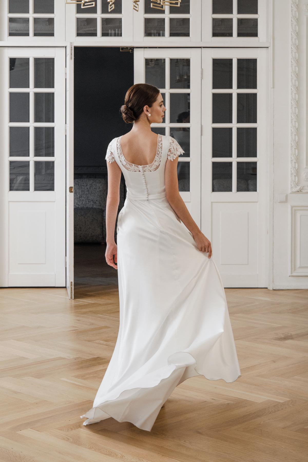 Elegant A-Line Wedding Dress with Cap Sleeves, Lace Back - Satin Bridal Gown with Boat Neckline for Classic and Timeless Bridal Look | Amber