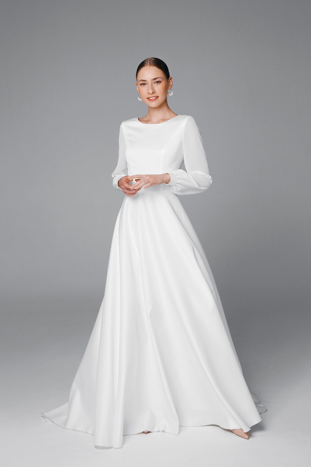 Modest Long Sleeve Wedding Dress Satin and Chiffon Bridal - Etsy