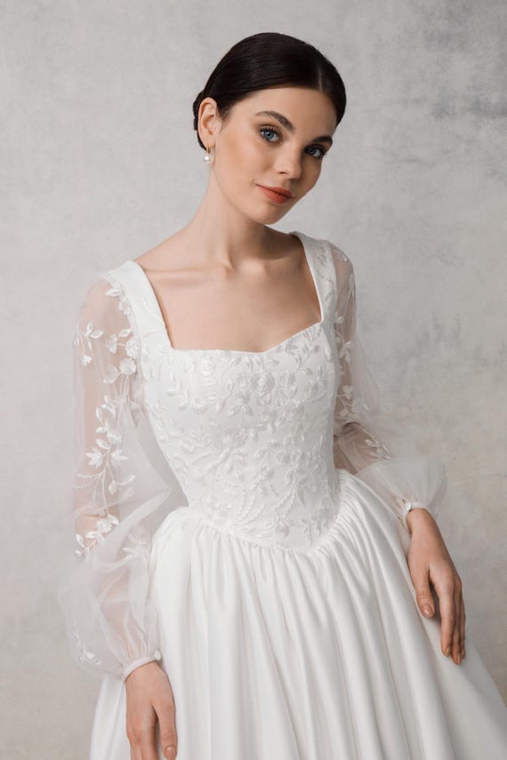 sachin and babi light blue dress Embroidery A Line Ivory Satin Modest Long Sleeves Simple Wedding Dresses AWD1927