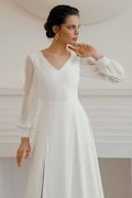 Elegant Modest Wedding Dress with Long Sleeves, Chiffon Skirt and Button Back | Reina product logo