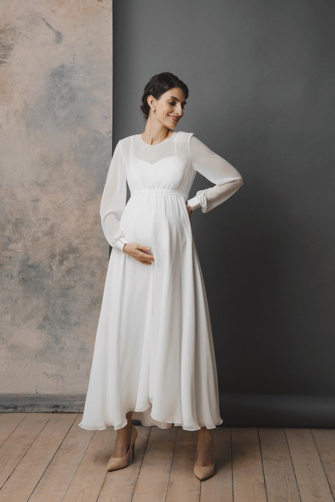 Maternity Wedding Dress With Long Sleeves, Simple Pregnancy Bridal ...