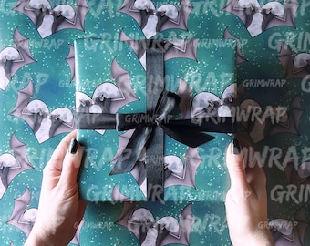 Batty for you Grimwrap | Spooky Bat wrapping paper, moon love heart gift wrap, gifts for bat lovers, Gothic wrapping paper rolls