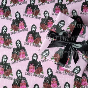 Scream, it&#39;s your Birthday Grimwrap | Horror movie wrapping paper, slasher birthday gift idea, pink goth wrapping paper
