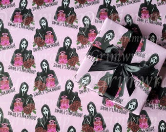 Scream, it's your Birthday Grimwrap | Horror movie wrapping paper, slasher birthday gift idea, pink goth wrapping paper