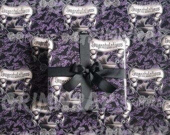 Baby bat Grimwrap | Gothic baby shower wrapping paper, congratulations gift wrap, purple bat party decorations, baby shower gift idea