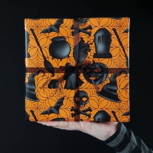 Hallo-witch Grimwrap | Halloween wrapping paper rolls, orange halloween gift wrap for a spooky birthday party