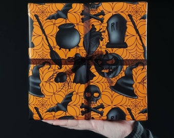 Hallo-witch Grimwrap | Halloween wrapping paper rolls, orange halloween gift wrap for a spooky birthday party