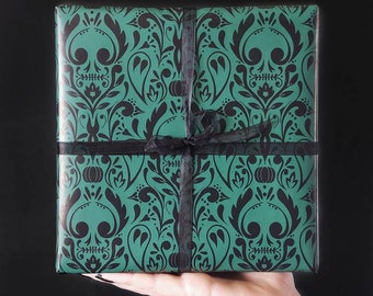 Spooky Damask Grimwrap | Gothic cottagecore wrapping paper rolls | Dark academia gift | Teal Damask gift wrap | Gothic birthday party gift