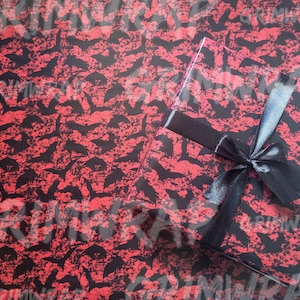 Dark red Basic Bats Grimwrap | Gothic valentines bat wrapping paper rolls, red vampire gift wrap for a bat lover, valentines gift for him