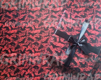 Dark red Basic Bats Grimwrap | Gothic valentines bat wrapping paper rolls, red vampire gift wrap for a bat lover, valentines gift for him