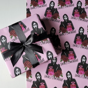 Scream, it's your Birthday Grimwrap | Horror movie wrapping paper, scream birthday gift wrap, ghostface gift idea, pink goth wrapping paper