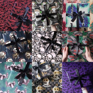 May include: Nine different designs of wrapping paper featuring various patterns, including skulls, bats, clowns, and sunflowers. Each design has a black ribbon tied in a bow.