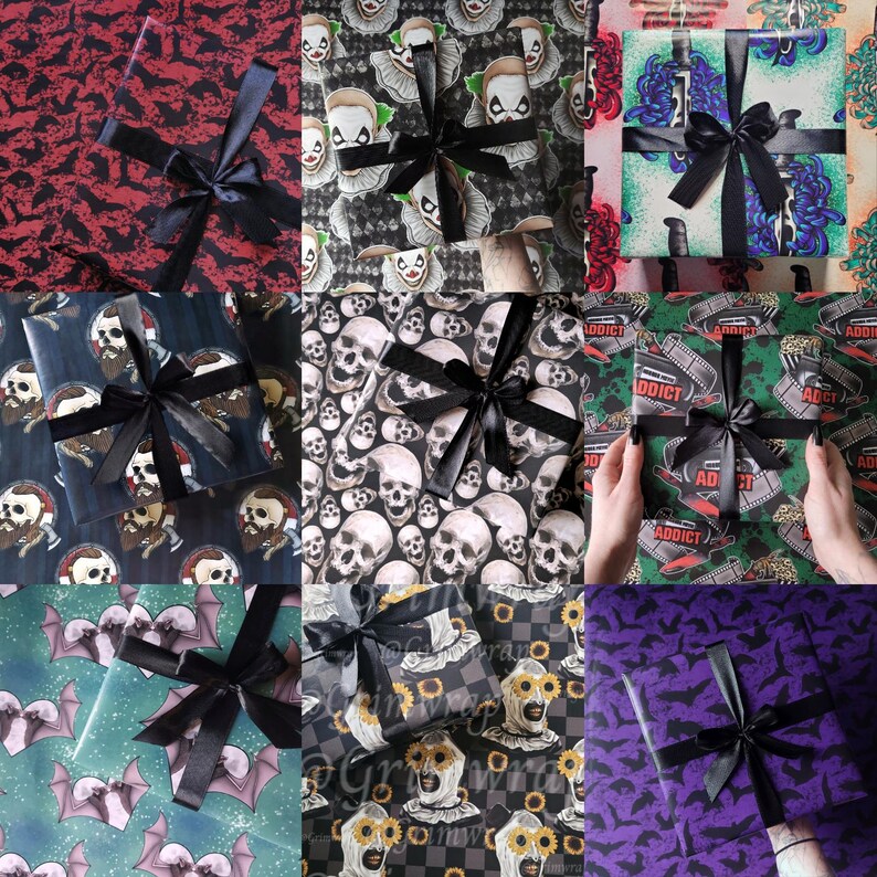 May include: Nine different designs of wrapping paper featuring various patterns, including skulls, bats, clowns, and sunflowers. Each design has a black ribbon tied in a bow.