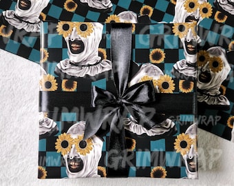Grimwrap clown tournesol | Papier d'emballage de film d'horreur, idée cadeau film slasher, emballage cadeau gothique, design dessiné à la main