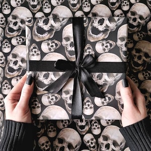 Skulls Galore Grimwrap | Skull wrapping paper, gothic gift wrap, Birthday ideas for him, luxury black gothic print wrap
