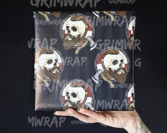 Afterlife Axeman Grimwrap | Skull wrapping paper for men, bearded viking birthday gift wrap, fathers day skull paper