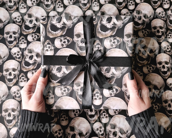 Skulls Galore Grimwrap | Skull wrapping paper, gothic gift wrap, Birthday ideas for him, luxury black gothic print wrap