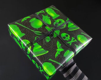 Hallo-witch Grimwrap | Green and black witch wrapping paper, darling gothic gift wrap rolls