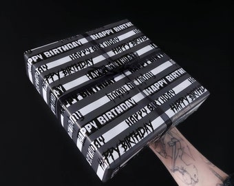Happy Birthday GrimWrap | Rock Birthday wrapping paper, rock and roll striped gift wrap, gift for a metal music lover, gothic wrapping paper