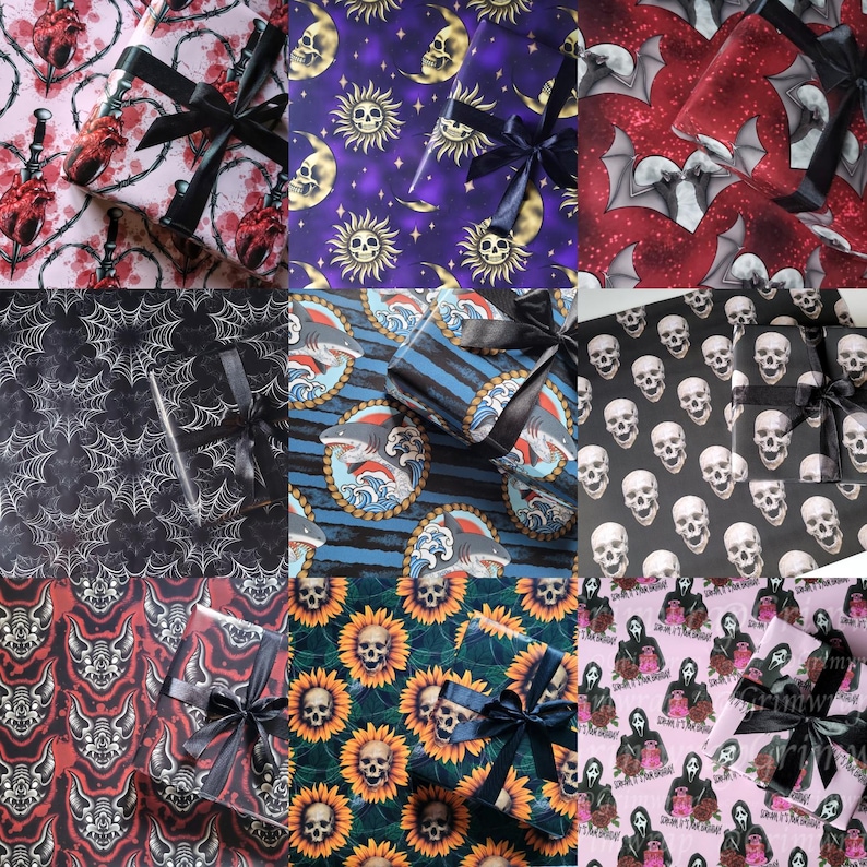 May include: Nine different designs of wrapping paper featuring various patterns, including skulls, bats, sharks, sunflowers, and a horror movie theme. The wrapping paper is decorated with black ribbon.