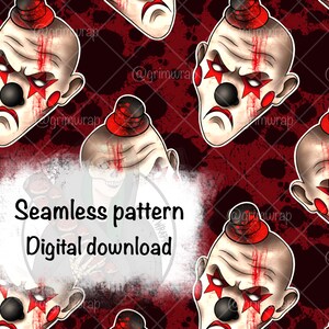 Bloody Clown | hand drawn non exclusive digital seamless pattern, Horror clown art, digital spooky design, halloween, gore, alternative