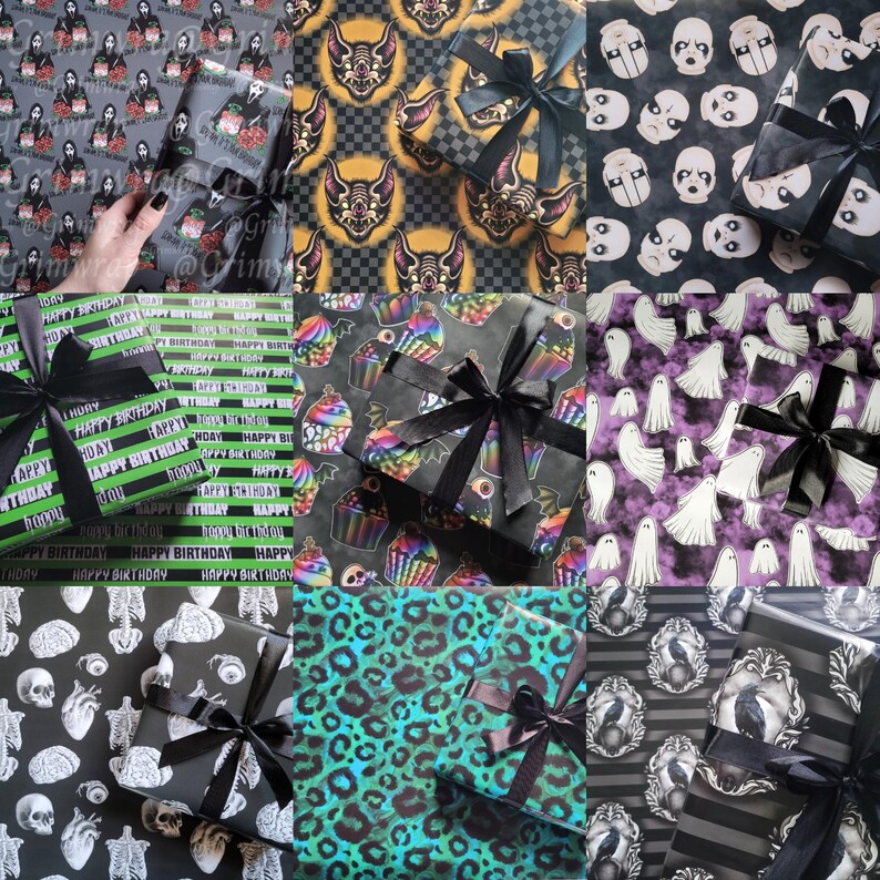 May include: Nine different designs of wrapping paper featuring various spooky and fun themes. The designs include bats, cupcakes, ghosts, skeletons, leopard print, and more. Each design is paired with a black ribbon.