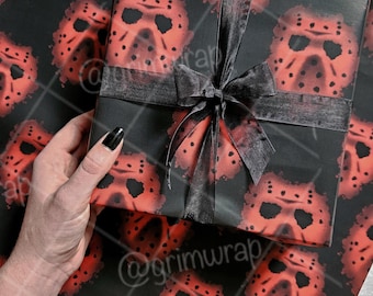 Blood splatter mask Grimwrap | Horror wrapping paper, Friday 13th wrapping paper for movie lovers, fathers day, spooky paper