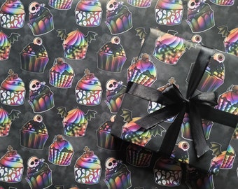 Rainbow Gothic Cupcake Wrapping Paper: Spooky Birthday Gift Wrap