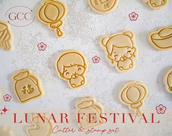 Juego de 16 cortadores de galletas y grabadores para el festival lunar, sellos para fondant, grabadores, cortadores de galletas y sellos con patrón de arcilla