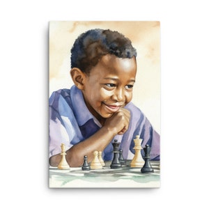 Boy playing chess game playing chess board happily playing Watercolor canvas painting print, gift for chess lovers, childhood black art