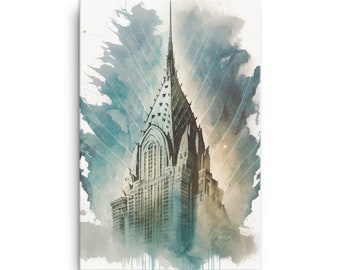 Celestial Chrysler Building, Architecture watercolor canvas painting print, New York City Building, gift for interior designers