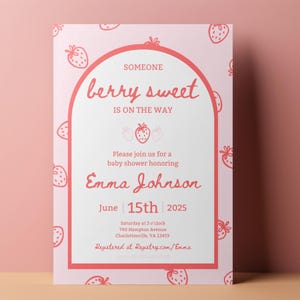 Zoete babyshoweruitnodiging met bessen | Baby showeruitnodiging aardbei | Gedrukte of direct bewerkbare sjabloon