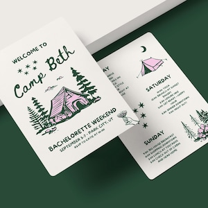 Camp Bachelorette Party Invitation and Itinerary Template | Mountain Bachelorette Girls Trip Weekend Invite