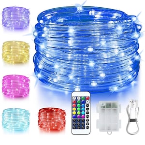 May include: A set of blue LED fairy lights with a remote control and a USB charging cable. The lights are coiled up and the remote control has multiple buttons for different light settings. The lights are also available in other colors, including purple, yellow, pink, light blue, and red.