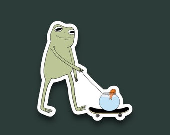 A Frog Walking His Goldfish Sticker - Waterproof, Vinyl, Matte Sticker - Original Artwork