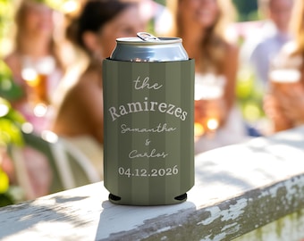 Personalized Wedding Can Cooler, Striped Design, Custom Wedding Favor