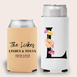 Modern Floral Monogram Wedding Can Coolers, Custom Wedding Can Cooler, Personalized Cozies For Wedding Reception, Custom Wedding Souvenirs