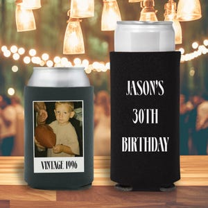 カスタム誕生日缶クーラー、パーソナライズされた写真缶クーラー、30歳の誕生日缶クーラー、写真缶クーラー、ヴィンテージ缶クーラー、誕生日パーティー