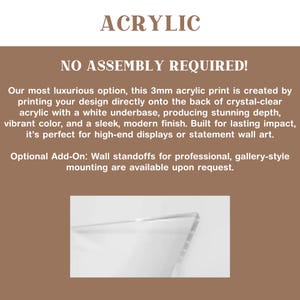 May include: Image features the word "ACRYLIC" at the top, followed by "NO ASSEMBLY REQUIRED!". The text describes a 3mm acrylic print with a white underbase, producing vibrant color and a sleek finish. Optional wall standoffs are available.