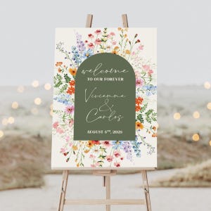 May include: A wedding welcome sign on an easel. The sign features a floral design with a green arch containing the words "welcome to our forever" and the names "Vivienne & Carlos" with the date "August 5th, 2028". The background is a cream color.