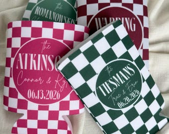 Personalized Wedding Can Cooler, Checkerboard Custom Can Cooler, Custom Wedding Favors